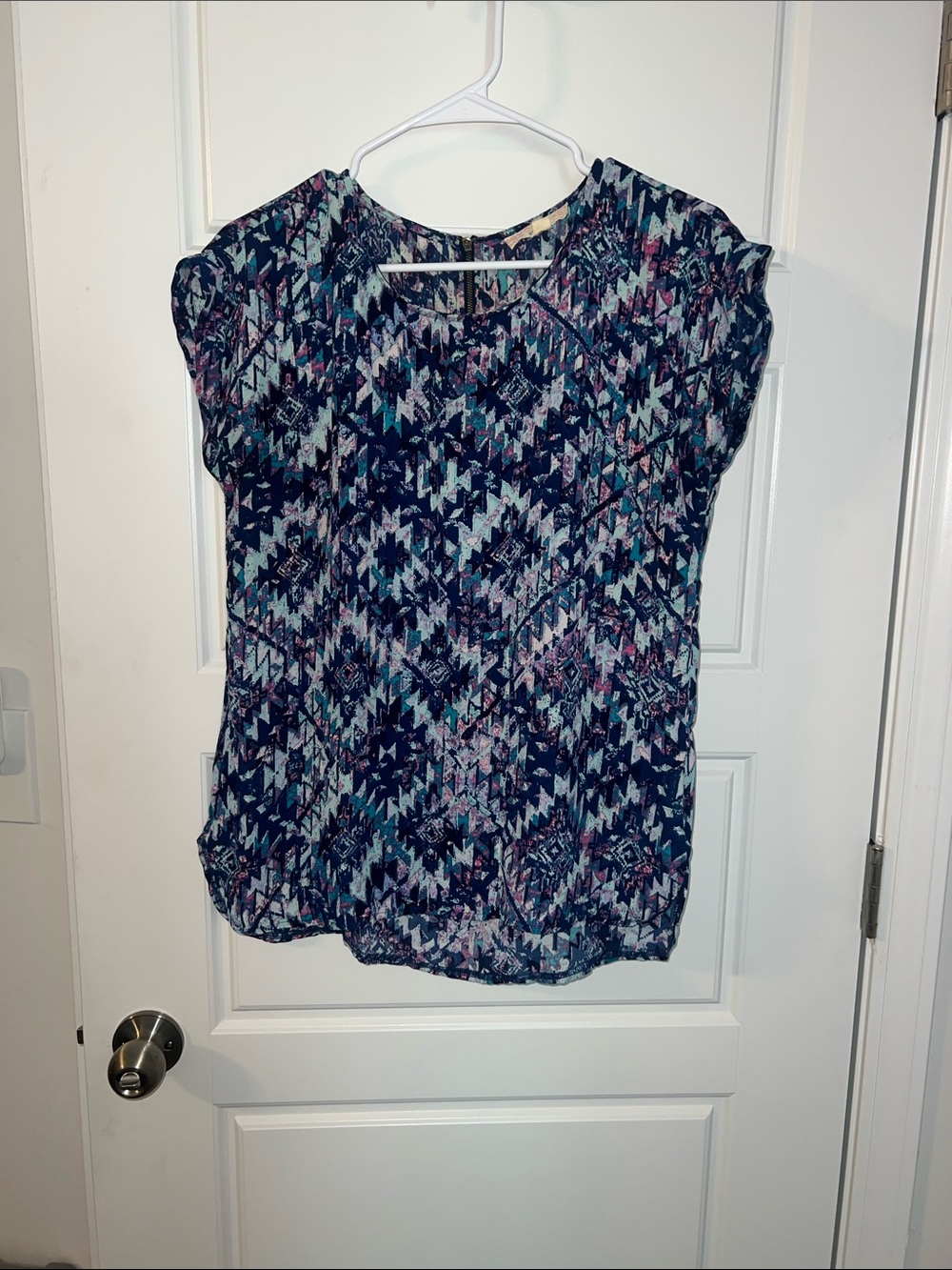 Pink Republic Navy Blue Geometric Cap-Sleeve Blouse